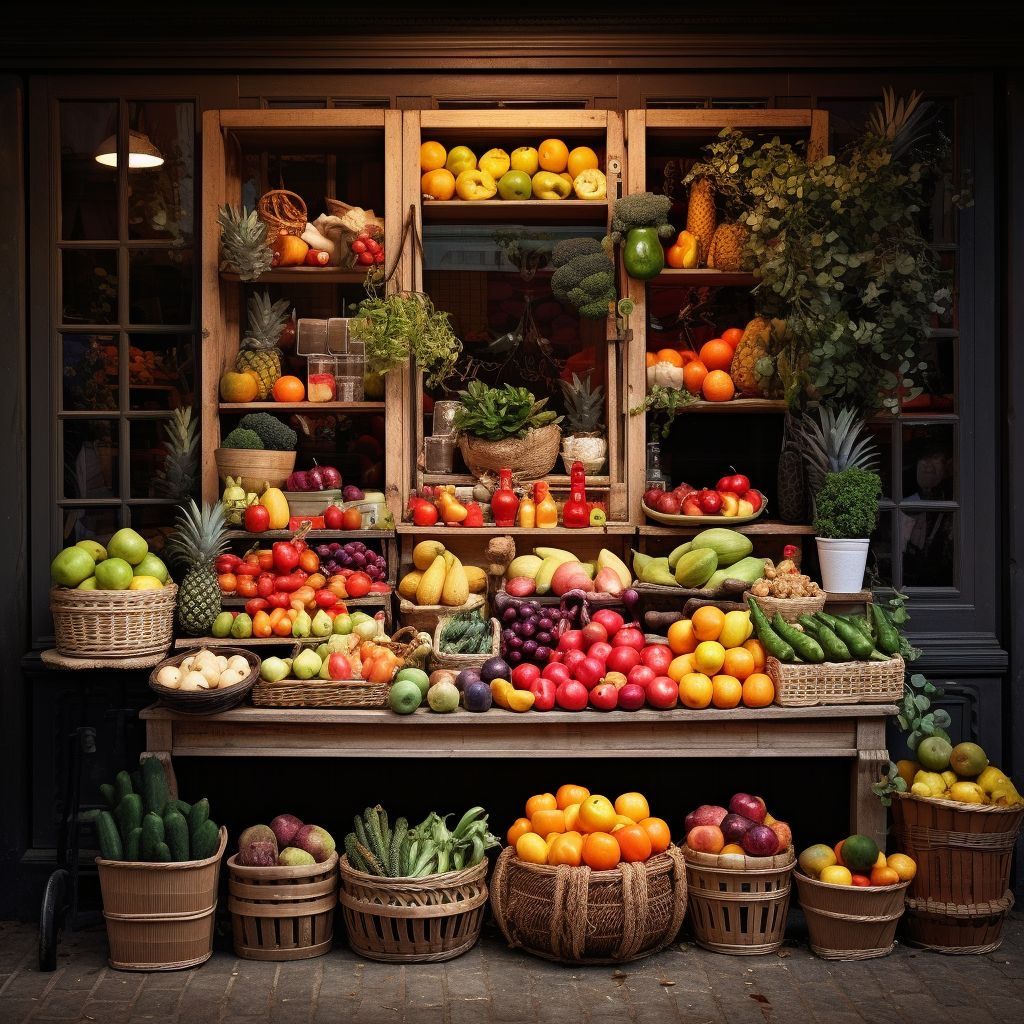 Colorful arrangement of seasonal vegetables and fruits displayed in a market-style layout